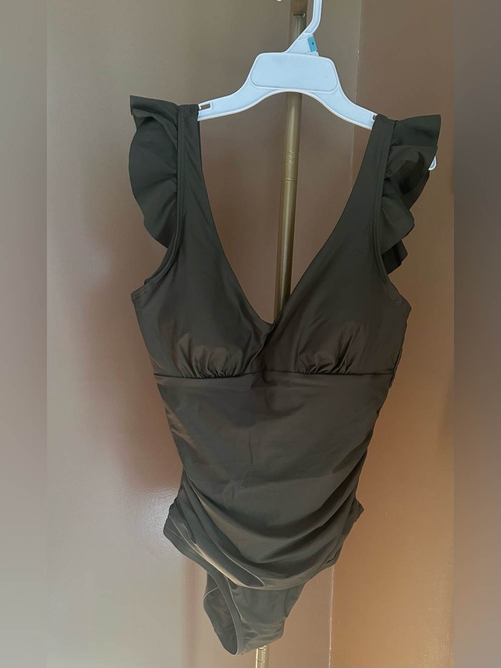 DKNY Olive Green Ruffle-Shoulder One-Piece Swimsuit